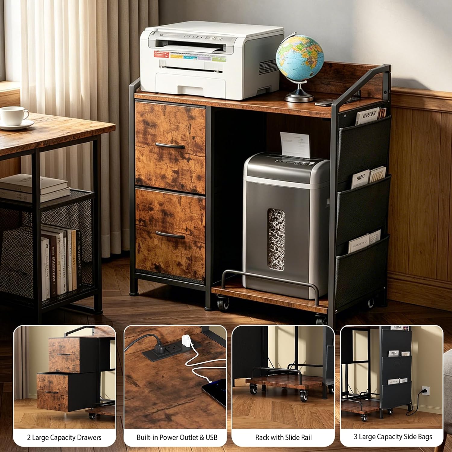 Printer Stand with Storage, Lateral Office Filing Cabinets with Power outlets & USB Charging Port, File Cabinet with Large Printer Stands for Home Office, Shredder Stand Rack (Rustic Brown)