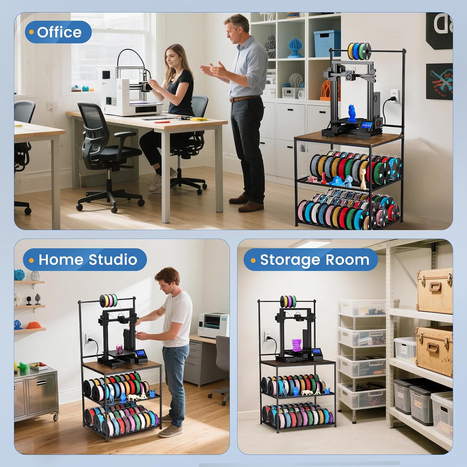 3D Printer Stand with Filaments Storage, 29.13'L x 22.44'W 3D Printer Table Filament Organizer Spools Holder Racks with Removable Basket, Hold Spool PLA, ABS, PETG for Workshop Studio Office (Brown)