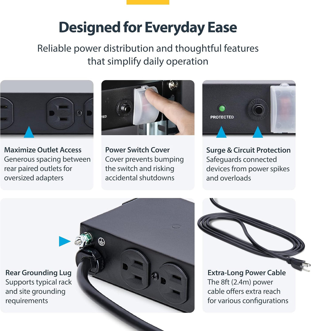 StarTech.com 14-Outlet Rackmount PDU, 1U Server Rack Accessories Surge Protector Power Strip, 6X Front and 8X Rear Ports, Rack Mount Power Distribution Unit Outlet Strip with 8ft Power Cord