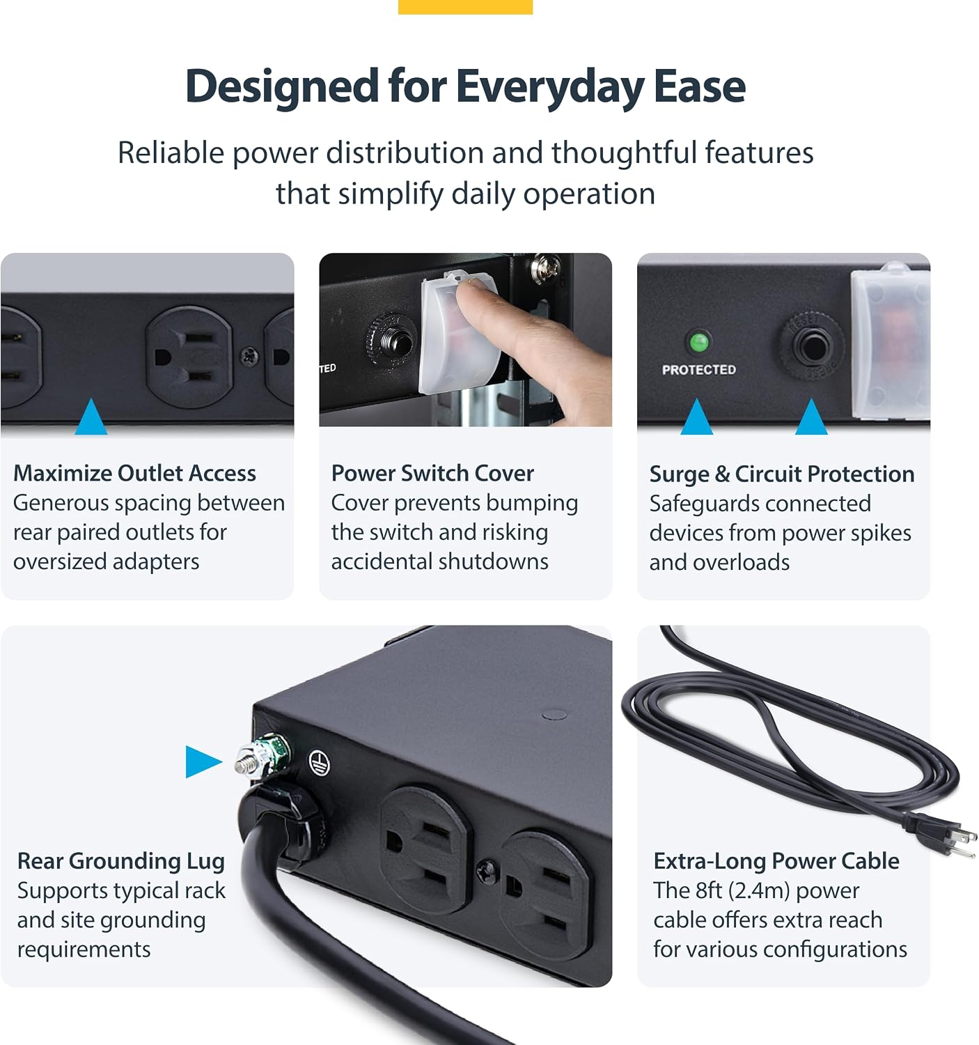 StarTech.com 14-Outlet Rackmount PDU, 1U Server Rack Accessories Surge Protector Power Strip, 6X Front and 8X Rear Ports, Rack Mount Power Distribution Unit Outlet Strip with 8ft Power Cord
