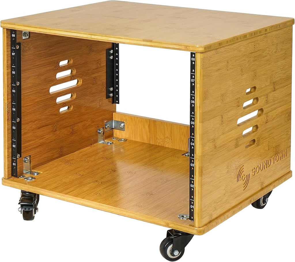 Sound Town DIY 8U Solid Carbonized Bamboo Studio Rack w/ 16' Depth, Ventilation, Rubber Feet, Casters for Recording Room, PA/DJ Equipment, Home Audio (STBR-8UW)