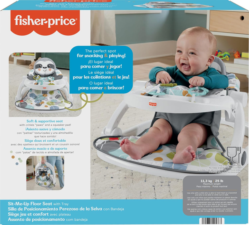 Fisher-Price Portable Baby Chair Sit-Me-Up Floor Seat with Snack Tray, Developmental Toys & Washable Seat Pad, Cute Sloth (Pack of 2)