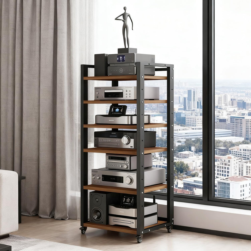 6-Tier AV Media Stand, Audio-Video Shelving with Wheels, Adjustable Media Console Cabinet, Modern Stereo Rack, Metal Media Shelf for Record Player, DVD, TV Box