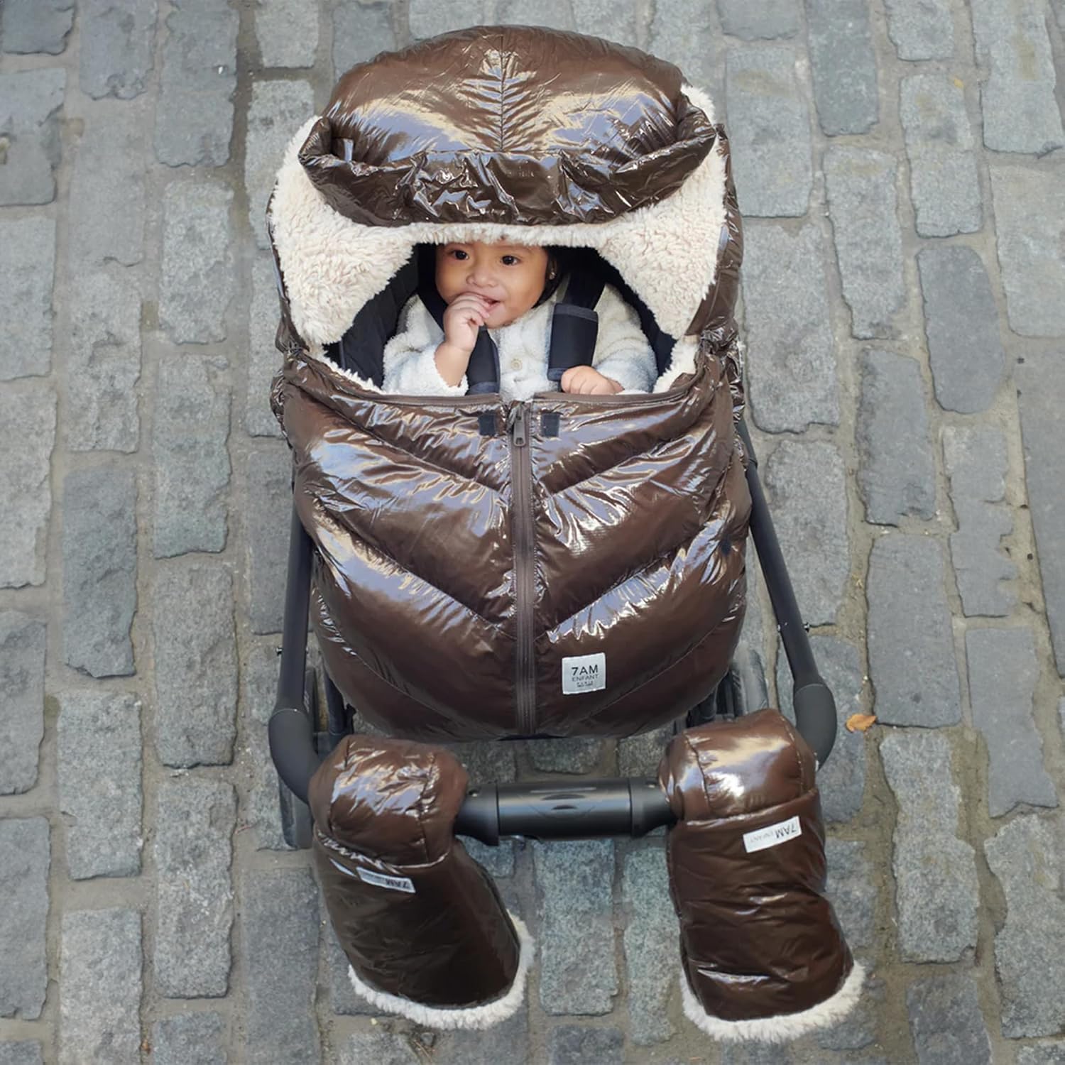 7AM Enfant Car Seat Covers - Cocoon Baby Cover for Boys & Girls, Rain & Snow Repellent, Breathable Windproof, Center Zipper, Universal Fit for Infant Car Seat (0-12M) (Brown Polar)