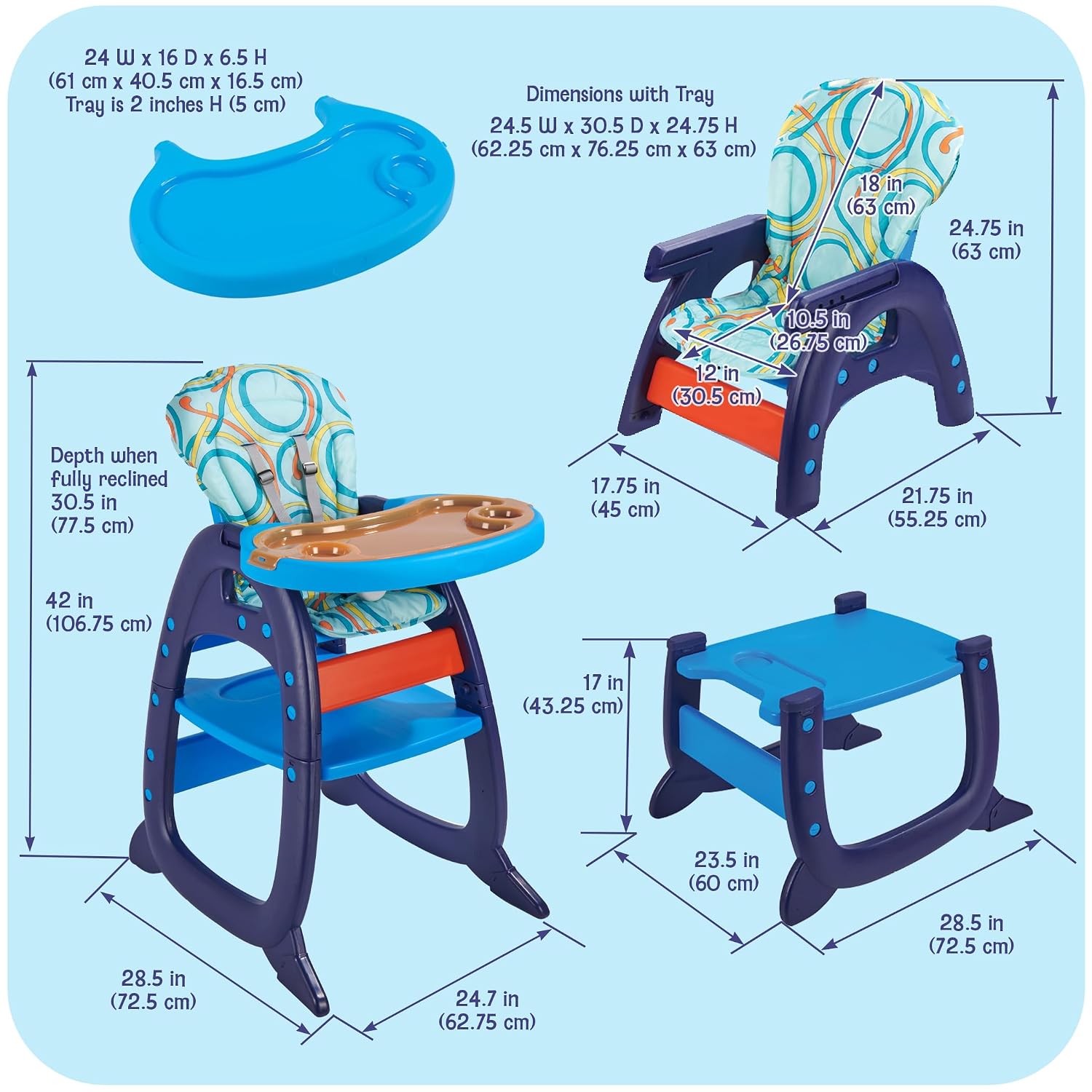 Badger Basket Envee II Convertible Baby High Chair with Infant Feeding Seat, Booster Seat, and Toddler Desk with Chair - Blue/Orange