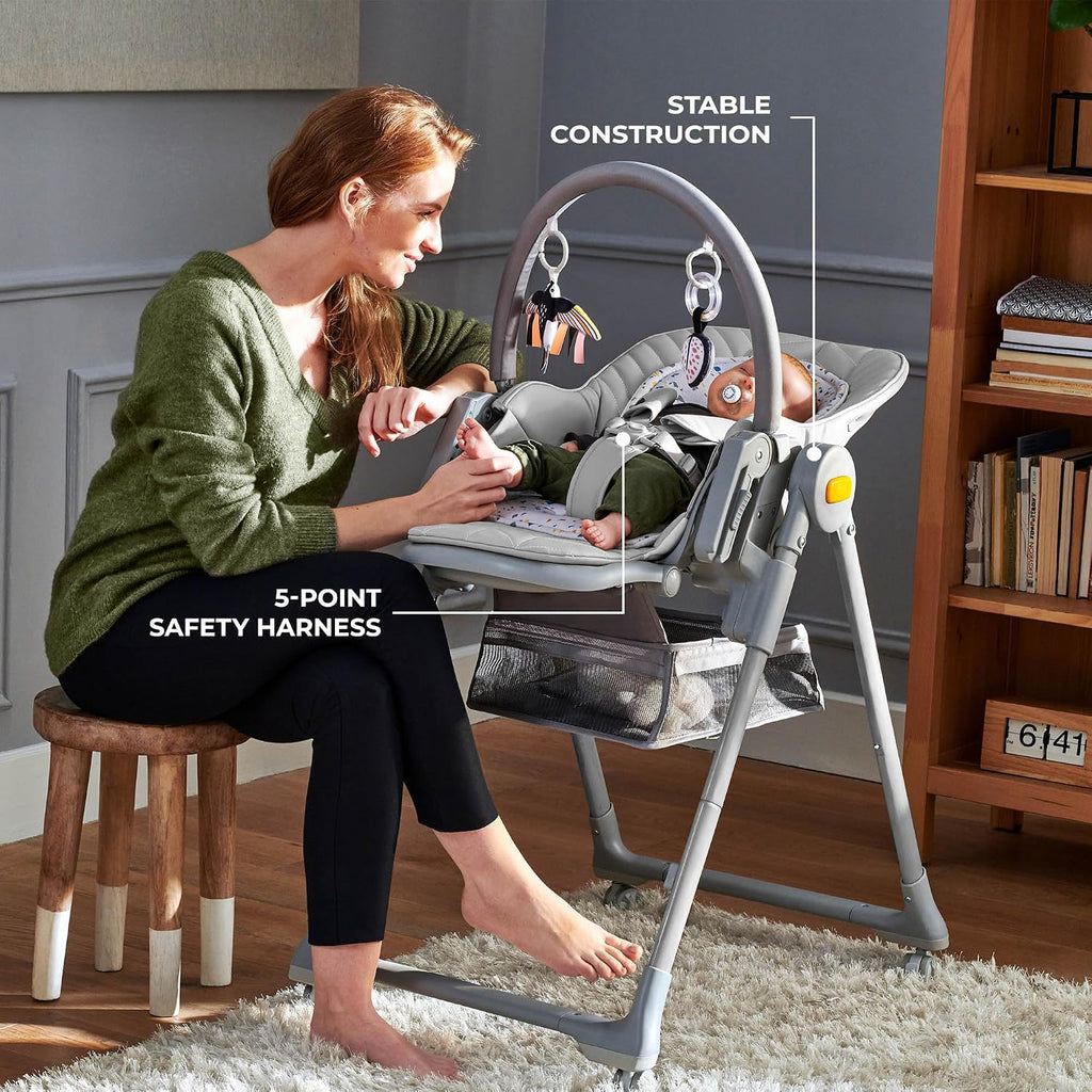 Kinderkraft LASTREE Foldable Baby High Chair for Babies and Toddlers with Reclining Function, Play Bar, Adjustable Tray and Footrest in Grey