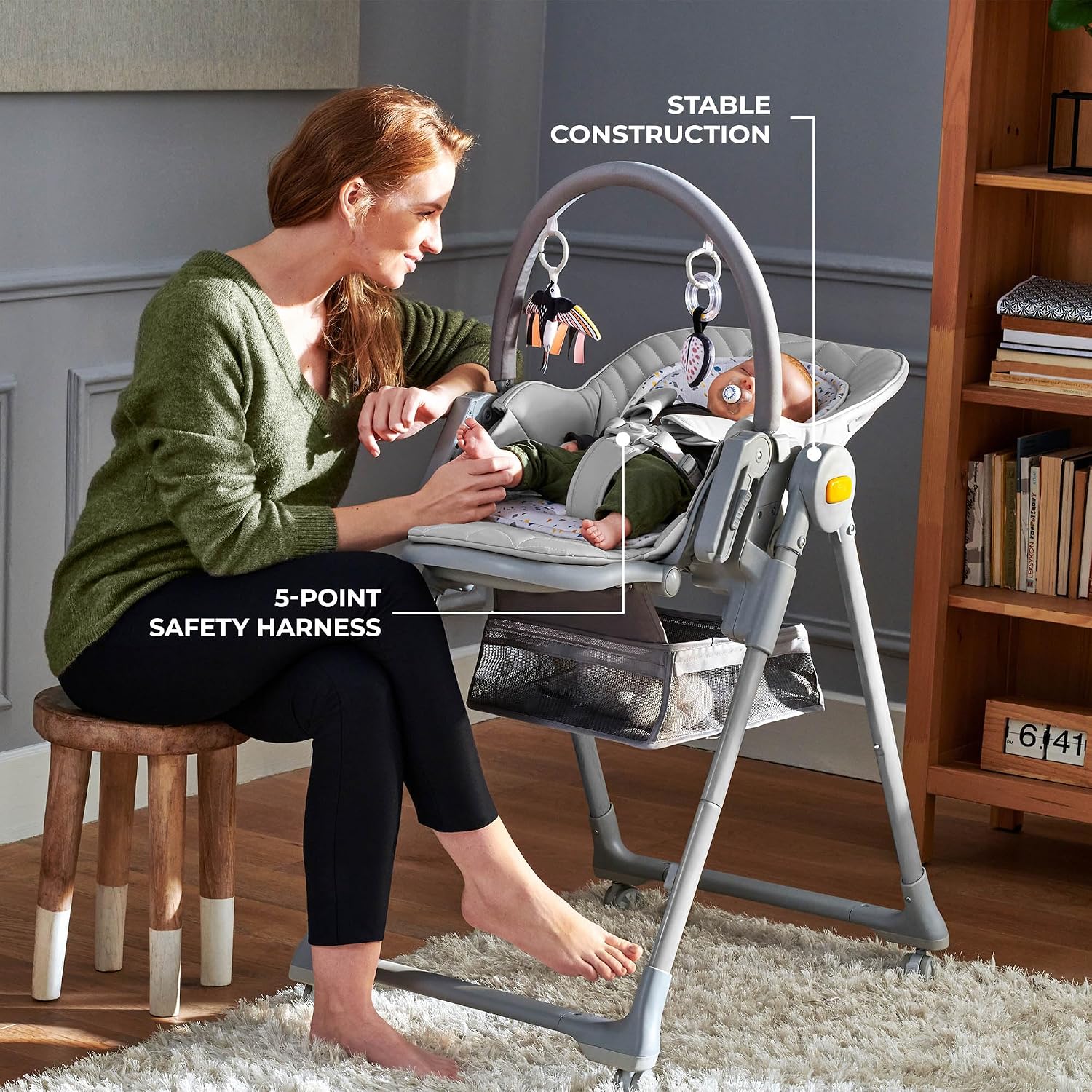 Kinderkraft LASTREE Foldable Baby High Chair for Babies and Toddlers with Reclining Function, Play Bar, Adjustable Tray and Footrest in Grey