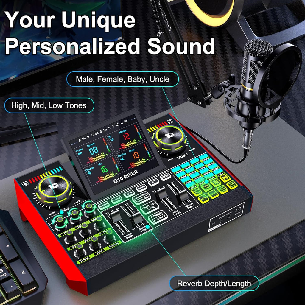 Podcast Microphone Bundle with Live Sound Card Audio Mixer, Podcast Equipment Bundle with 3.5mm Boom Mic for Pc/Phone Live Streaming Singing Gaming, Sound Board with Voice Changer, Denoise