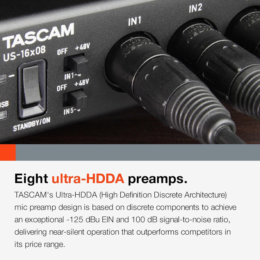 Tascam US-16x08 Rackmount USB Audio/MIDI Interface for Recording, Drum Recording, 8 XLR/8 1/4' Inputs, 8 Outputs, Control Software,Black