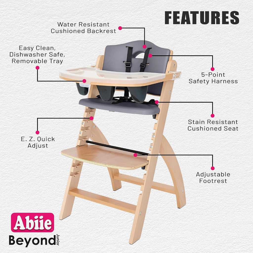 Abiie Beyond Junior Wooden High Chair for Babies and Toddlers - Convertible 3-in-1 Baby Highchair with Removable Tray - 6 Months to 250 Lb - Water Resistant - Natural Wood with Dark Grey Cushion