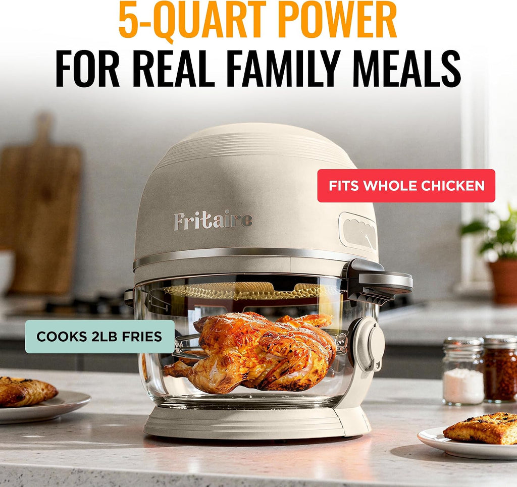 Non Toxic Air Fryer™ Pro | 9-in-1 Glass Air Fryer | Self-Cleaning | 5 Quart | Rotisserie and Tumbler | 400F Vortex For Even Cooking, BPA-Free Teflon Free, Recrisp, Roast, Bake, White