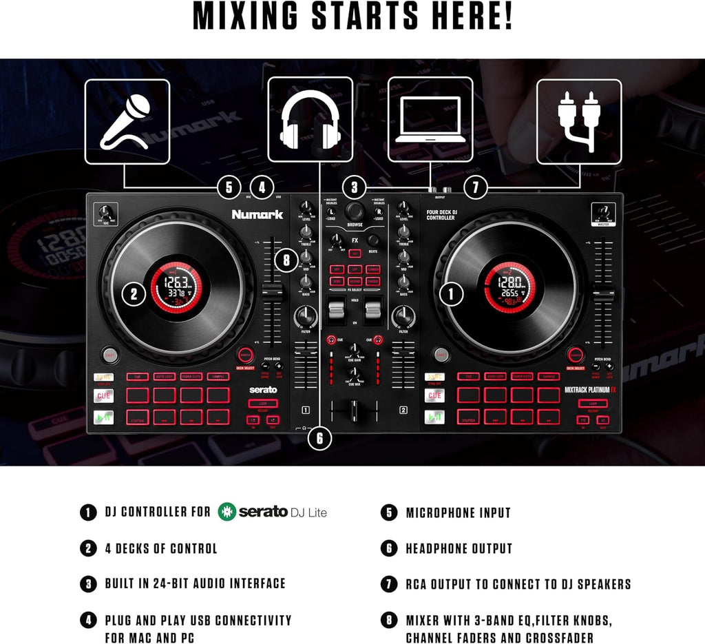 Numark Mixtrack Platinum FX Serato DJ Controller with Jog Wheel Displays, 4 Decks, Mixer, Effects Paddles and Audio Interface