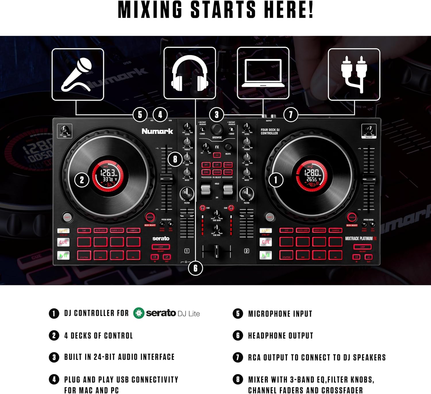 Numark Mixtrack Platinum FX Serato DJ Controller with Jog Wheel Displays, 4 Decks, Mixer, Effects Paddles and Audio Interface
