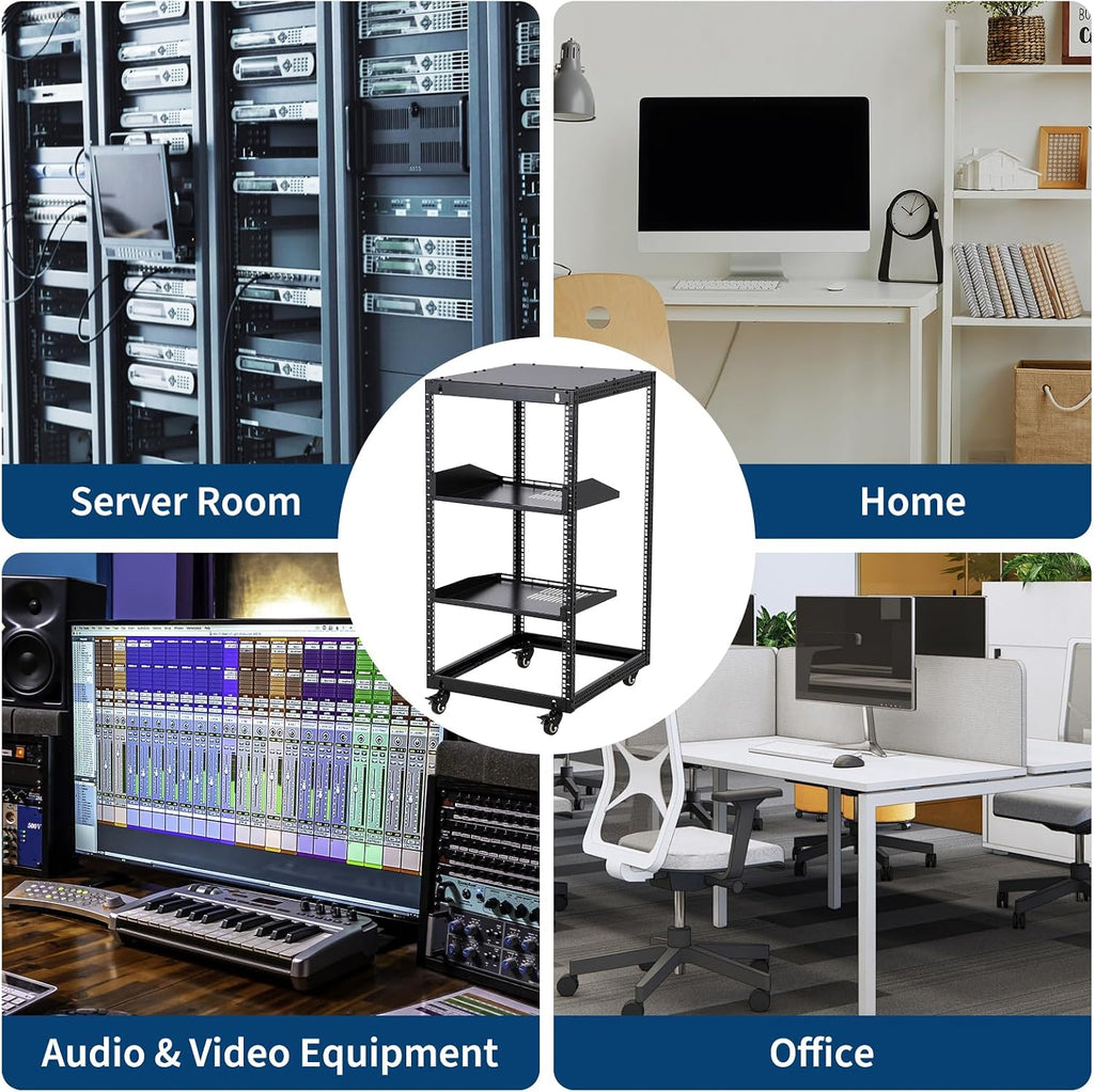GarveeTech 20U Open Frame Server Rack, 23 in -40 in Adjustable Depth, Wall Mount & Free Standing Network Rack with 4 Lockable Casters & 2pcs 1U Server Rack Shelf, Holds All Your IT/AV Equipment Rack