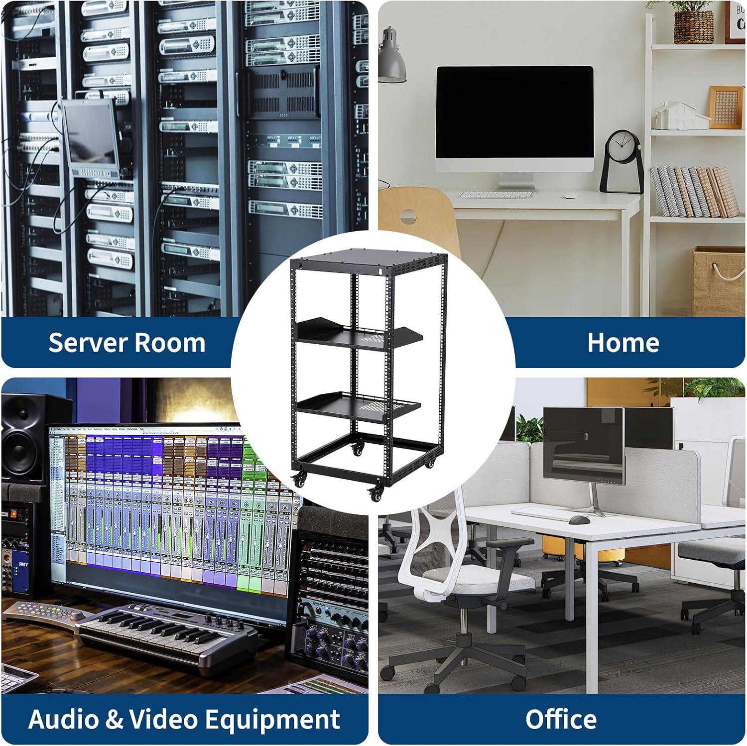 GarveeTech 20U Open Frame Server Rack, 23 in -40 in Adjustable Depth, Wall Mount & Free Standing Network Rack with 4 Lockable Casters & 2pcs 1U Server Rack Shelf, Holds All Your IT/AV Equipment Rack