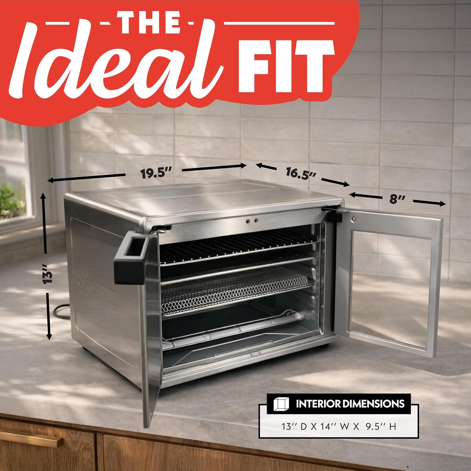 Gourmia French Door Air Fryer Oven - 37 Qt Large Capacity Convection Toaster Oven, FryForce 360°, Digital Display, 12 Cooking Presets, Dehydrate, Fits 13' Pizza, Dishwasher-Safe, Stainless Steel