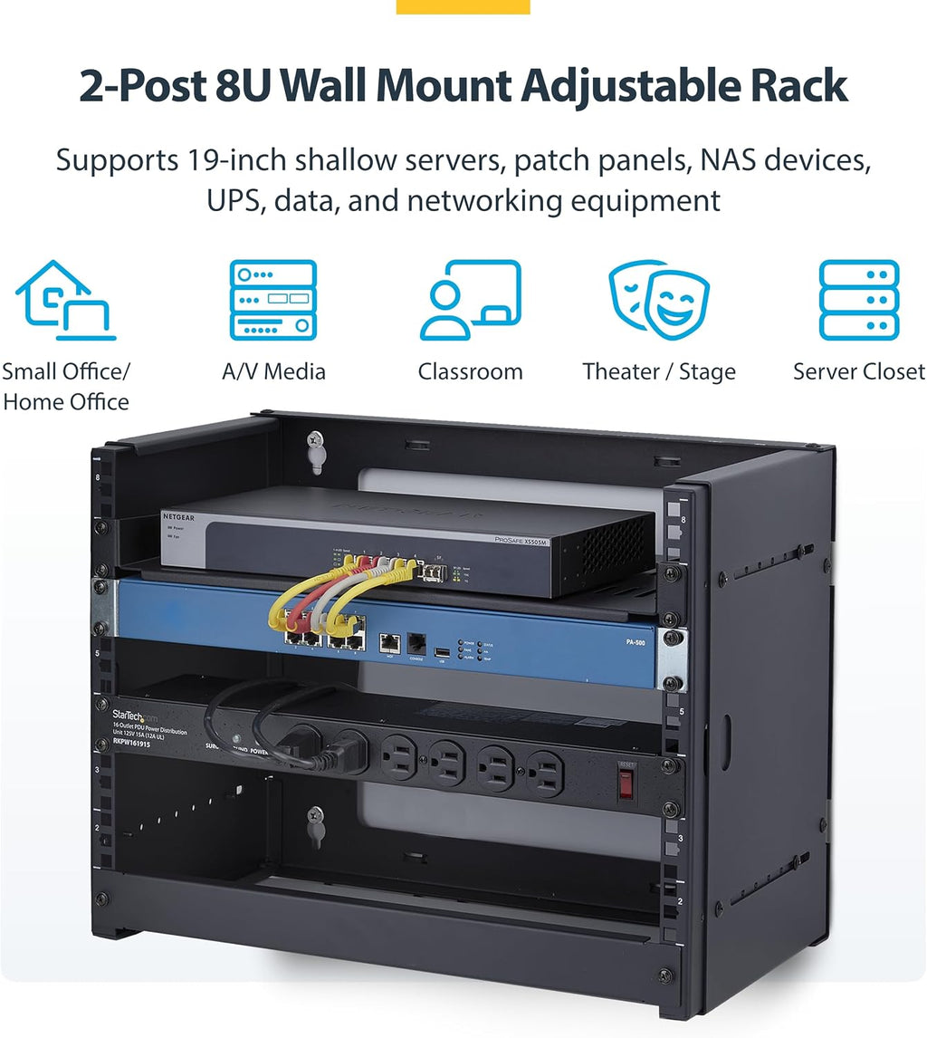 StarTech.com 2-Post 8U Wall Mounted Rack, Adjustable Depth up to 16in, for 19-inch Server/Data/Networking Equipment, Max 88lb