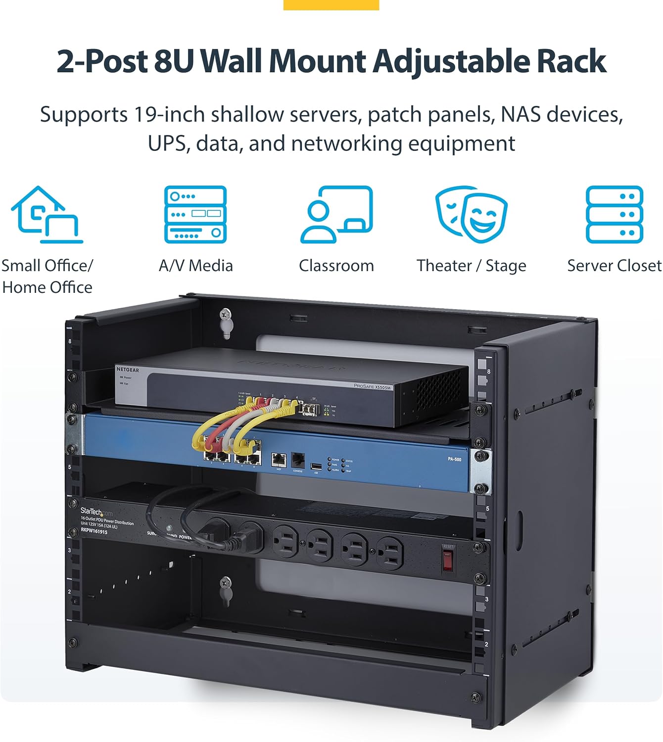StarTech.com 2-Post 8U Wall Mounted Rack, Adjustable Depth up to 16in, for 19-inch Server/Data/Networking Equipment, Max 88lb