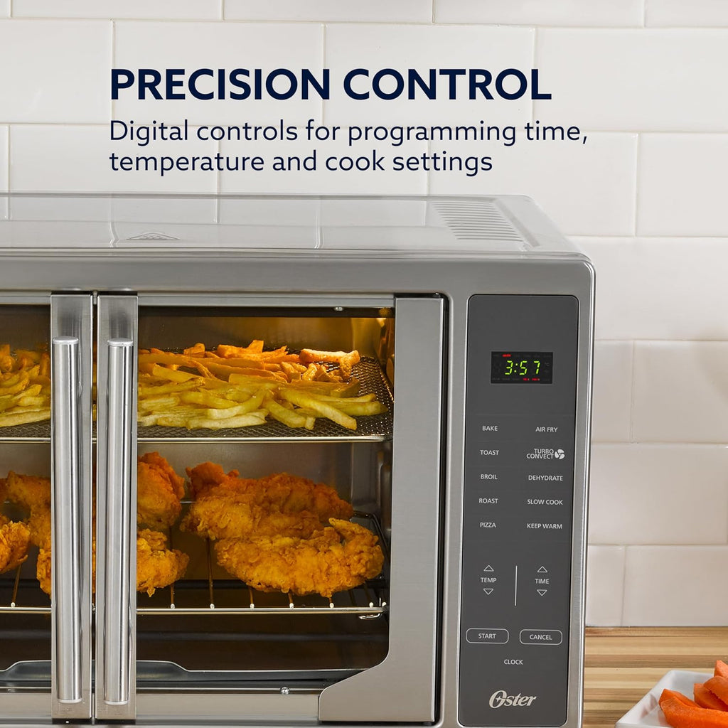 Oster Extra Large 42L French Door Countertop Toaster Oven, 10-in-1 Air Fryer Oven, with Air Fry Rack, Wire Rack, Baking Pan and Crumb Tray, Stainless Steel