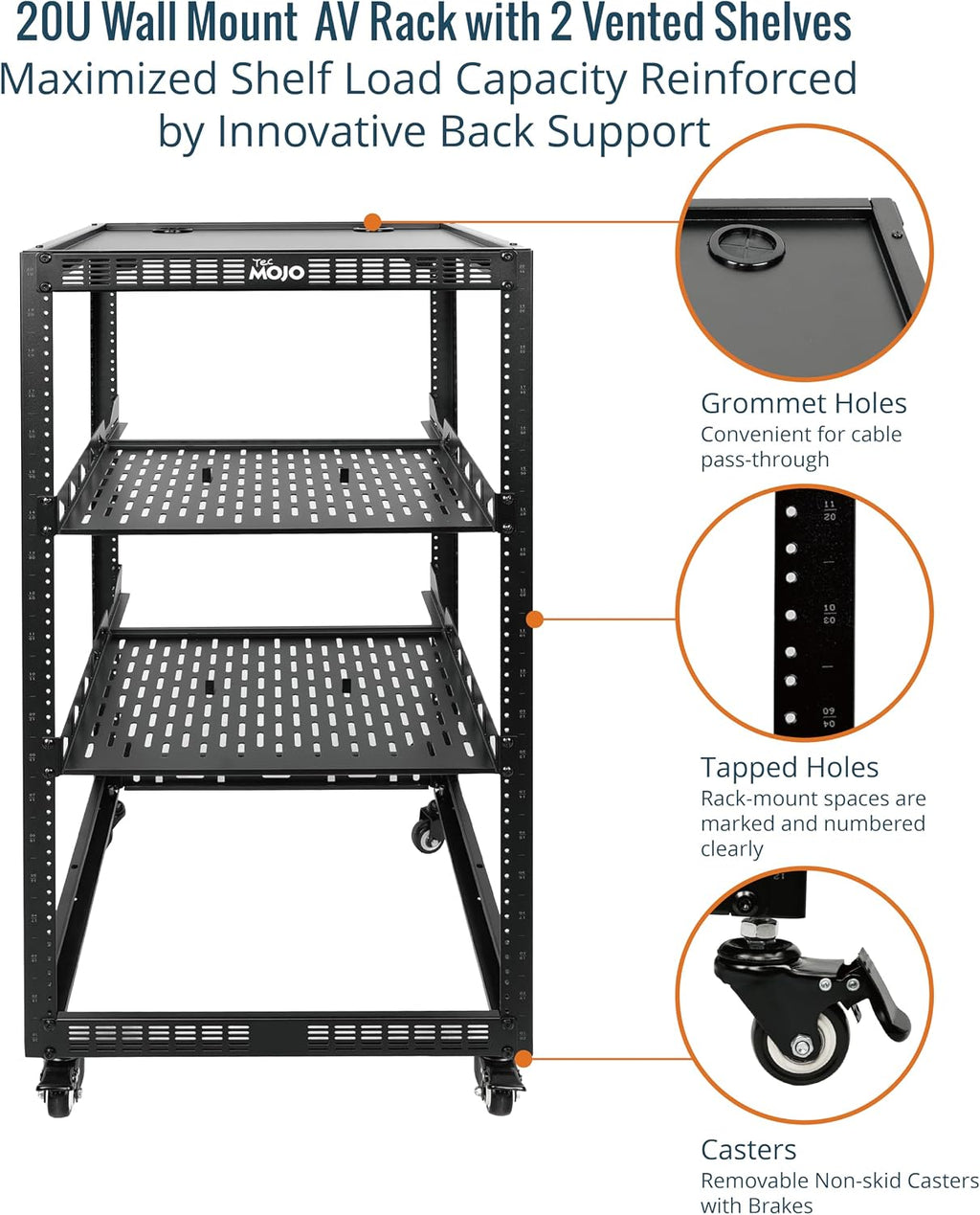TECMOJO 20U Open Frame Network Rack for IT & AV Gear, 4-Post With Casters, Mobile With 2 PCS 1U Server Shelf & Mounting Hardware, for 19' Network, Audio and Video Device