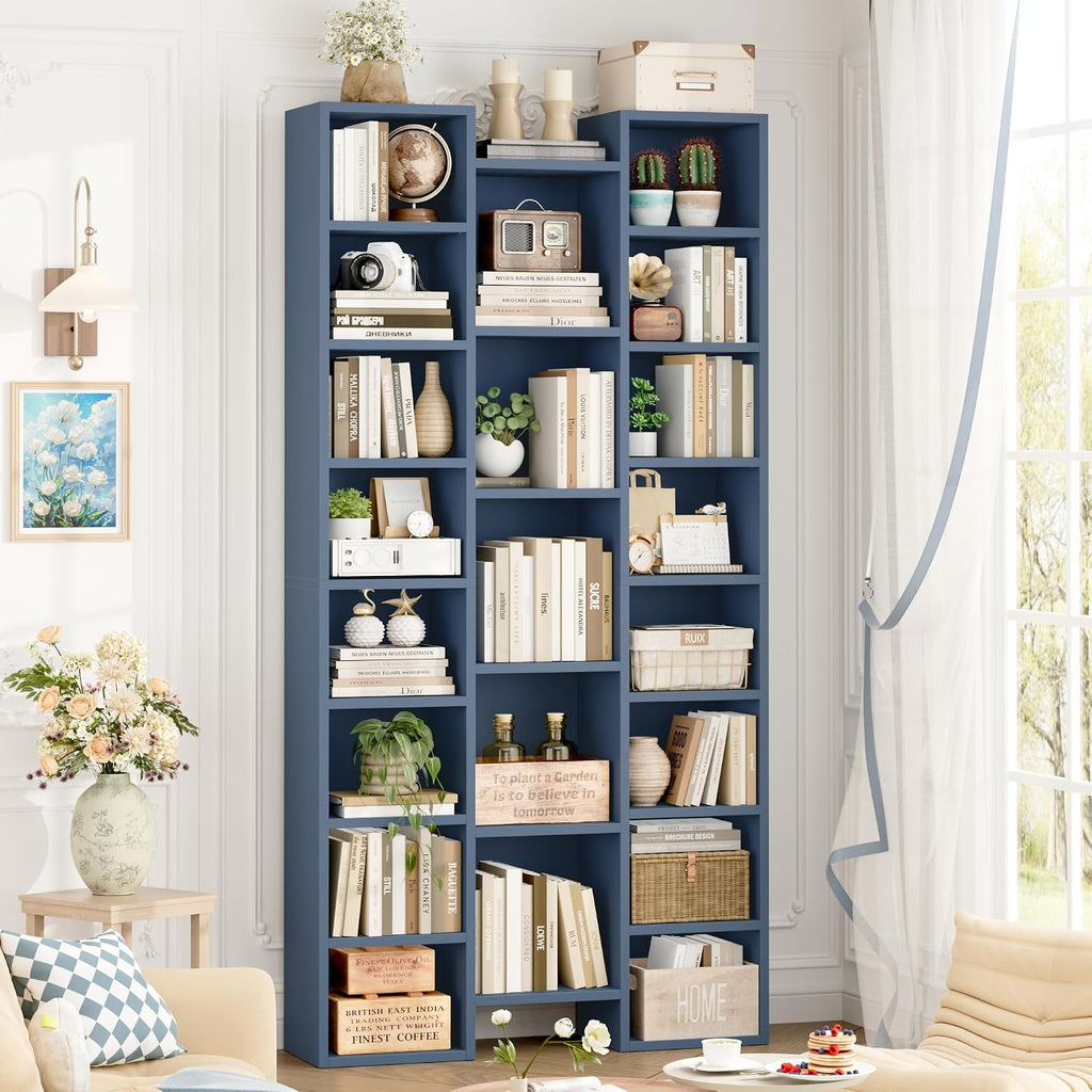 FOTOSOK 71'' Tall Bookshelf with 21 Cubes, 8 Tier Triple Wide Bookshelf with 8 Adjustable Shelves, 35' Large Bookcase DVD/CD Media Tower Storage, Freestanding Display Shelf Cabinet, Blue