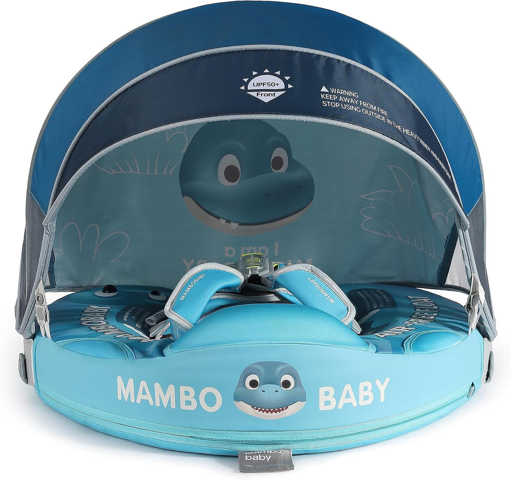 Mambobaby Float Add Tail Baby Swim Float with Canopy Solid Pool Infant Swim Trainer Swimming Training Lying Air Free Water Floats Non-Inflatable Waist Swim Ring for Toddlers (Dinosaur)