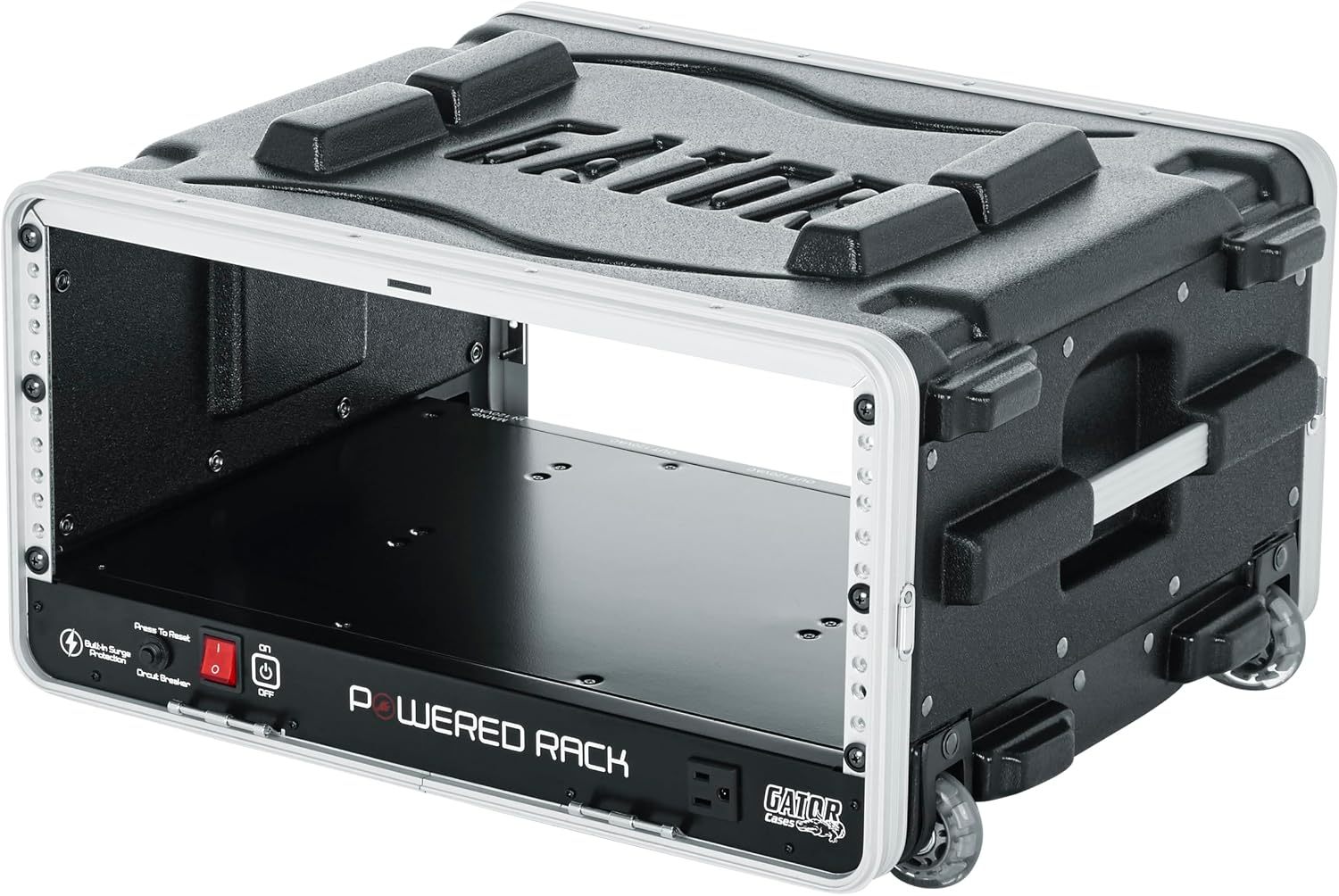 Gator Cases Lightweight Molded 4U Rack Case with Built-in Power Supply, Heavy Duty Latches, Retractable Tow Handle, and Recessed Wheels, 19.25' depth (GRR-4PL-US)