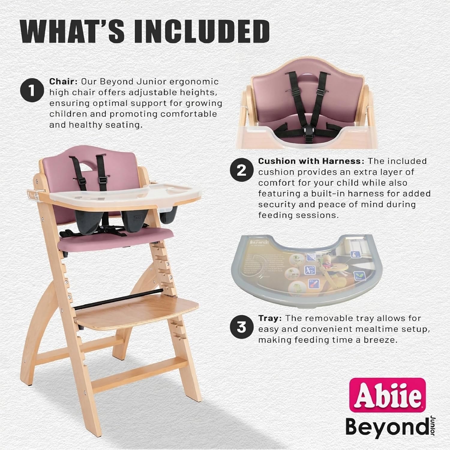 Abiie Beyond Junior Wooden High Chair for Babies and Toddlers - Convertible 3-in-1 Baby Highchair with Removable Tray - 6 Months to 250 Lb - Water Resistant - Natural Wood with Dusty Pink Cushion