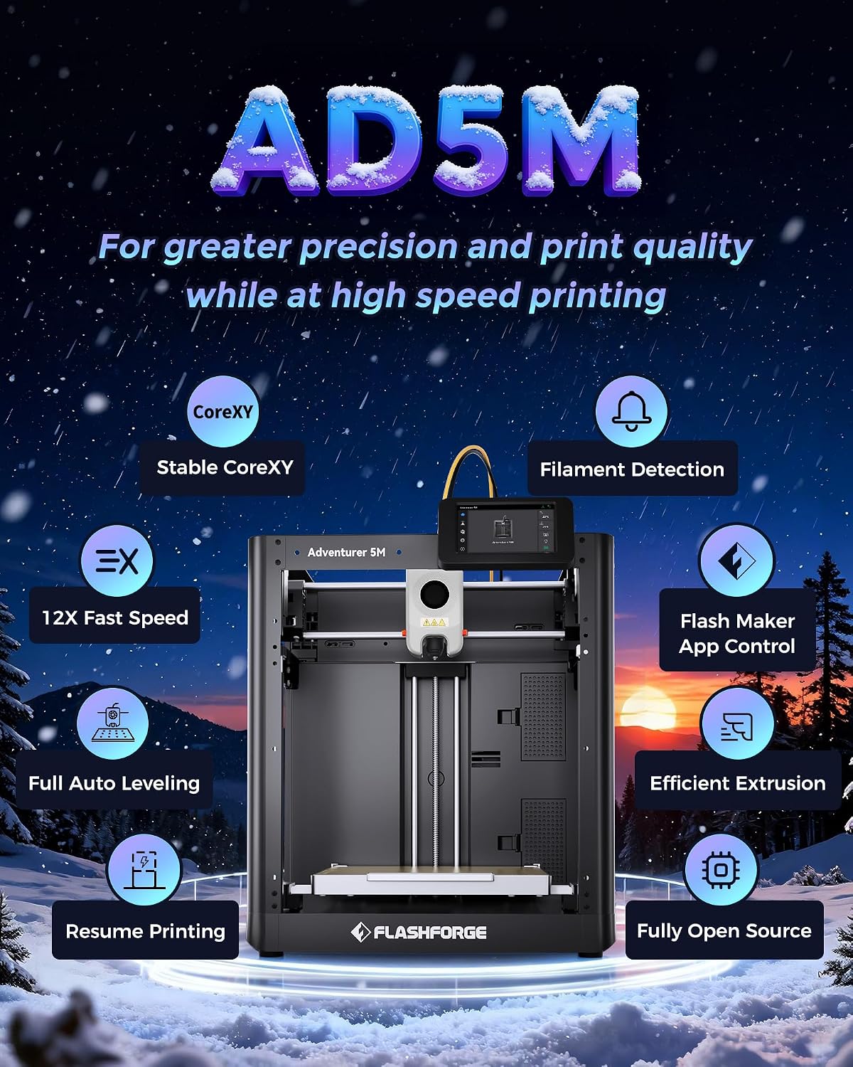 FLASHFORGE Adventurer 5M 3D Printer,600mm/s Max Speed Core XY 3D Printers with Auto Leveling,280°C Direct Extruder,3s Quick Swap Nozzle,Dual-Sided PEI Platform,DIY AD5M Enclosure,for Kids,Beginners