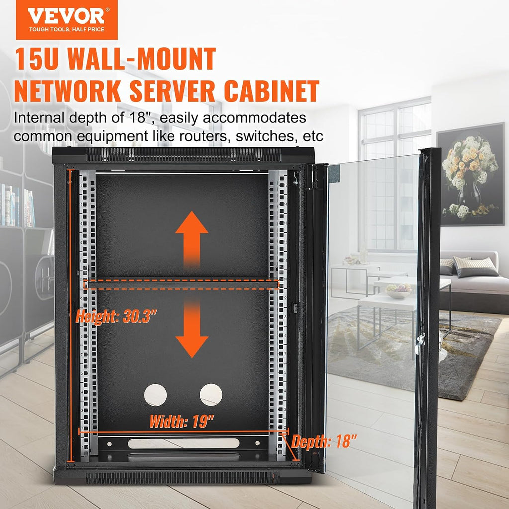 VEVOR 15U Wall Mount Network Server Cabinet, 18'' Deep, Server Rack Cabinet Enclosure, 500 lbs Max. Ground-Mounted Load Capacity, with Locking Glass Door Side Panels, for IT Equipment, A/V Devices