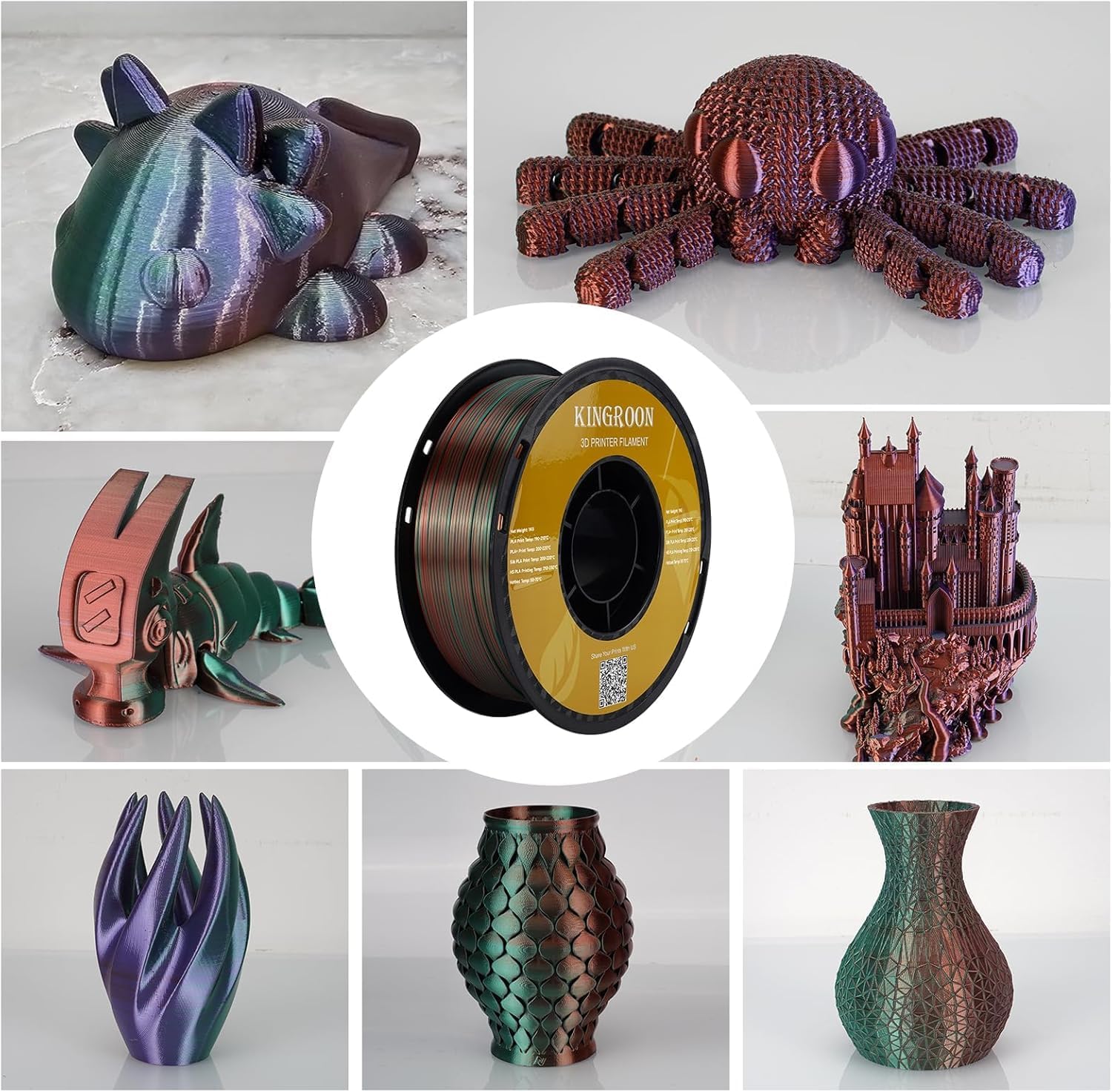 Kingroon PLA Filament, Multicolor Silk PLA Filament, Dual Color 3D Printer Filament 10 Rolls, 10kg Spool(22lbs), 1.75 mm, Dimensional Accuracy +/- 0.03 mm, 10 Different Dual Colors