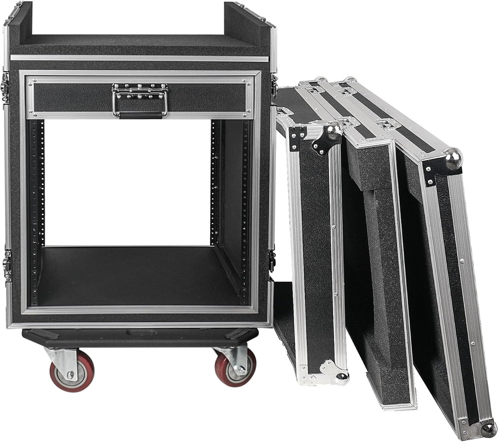 Sound Town Shock Mount 12U ATA Rack Case with 20' Rackable Depth, 11U Slant Mixer Top and Casters, 12-Space Size - Pro Tour Grade (STMR-SP12UW)