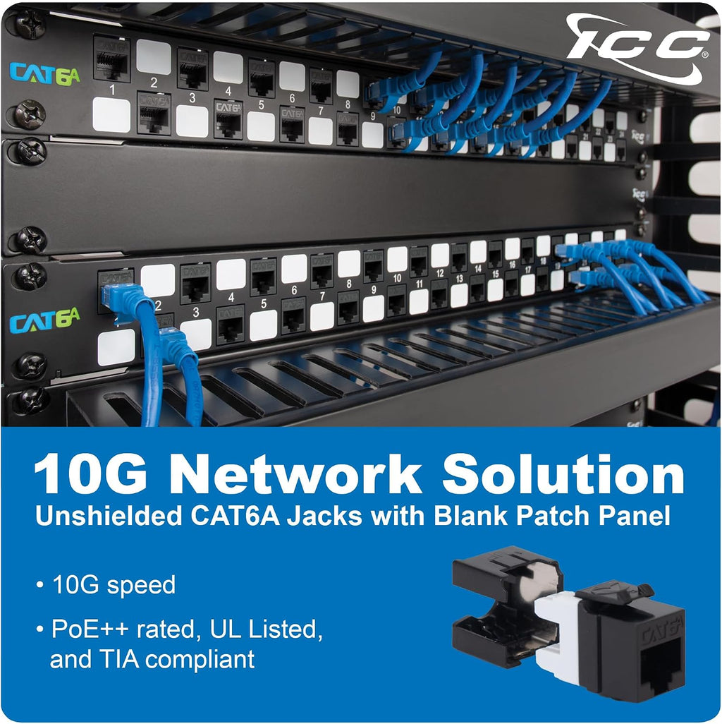 ICC 24-Port CAT6A Keystone 1U Patch Panel with CAT6A Keystone Jacks, 19' Rackmount Housing and Cable Support Bar, Staggered Ports to Reduce ANEXT, UL Listed PoE++ Compliant, ICMPP246AU