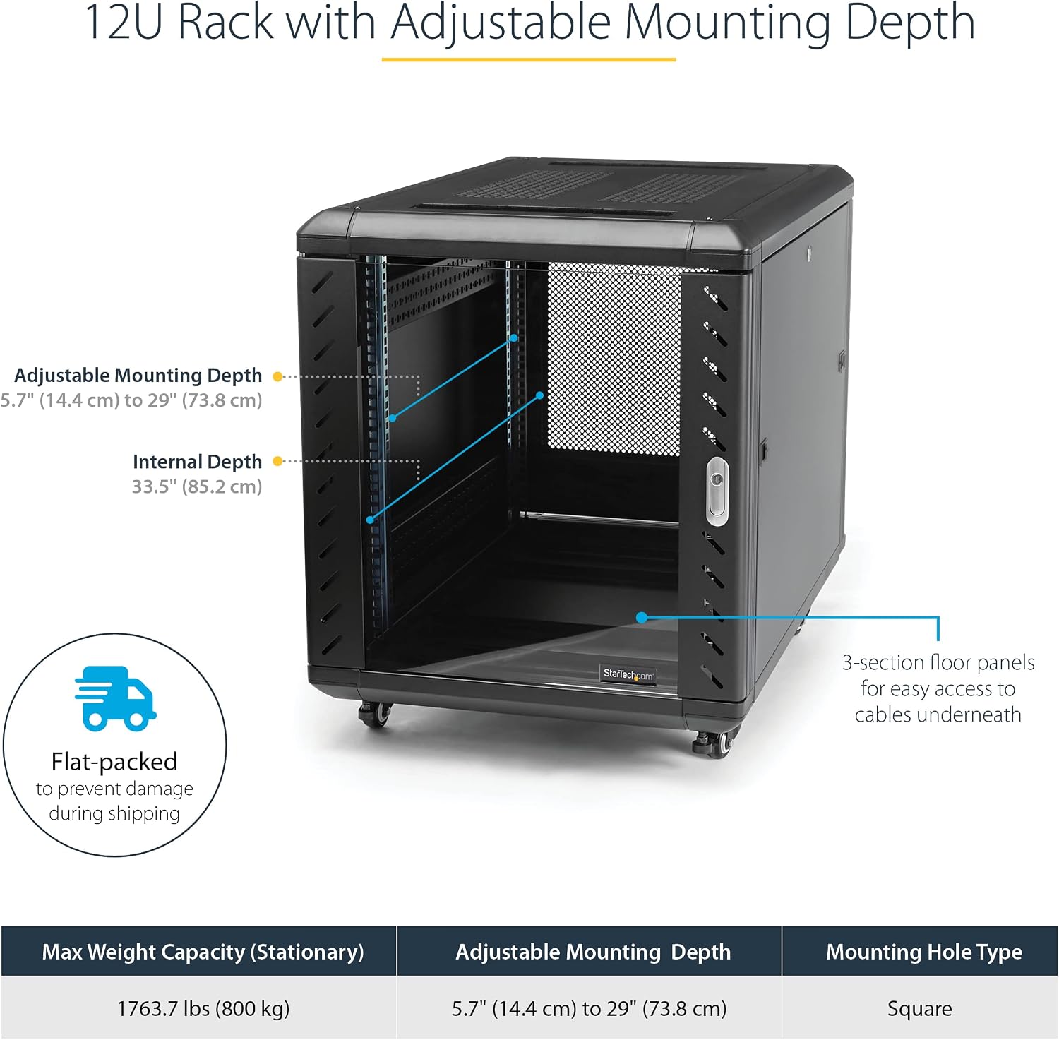 12U 29in Knock-Down Server Rack Cabinet with Casters