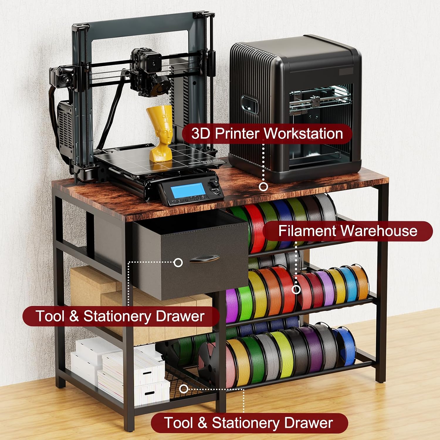 Frebomboo 3D Printer Filament Storage Rack, Versatile 3D Printer Stand Shelf with Drawer, Mobile 3-Tier Metal Filament Spool Holder, Perfect 3D Printer Cart Desk for Office Workshop Studio