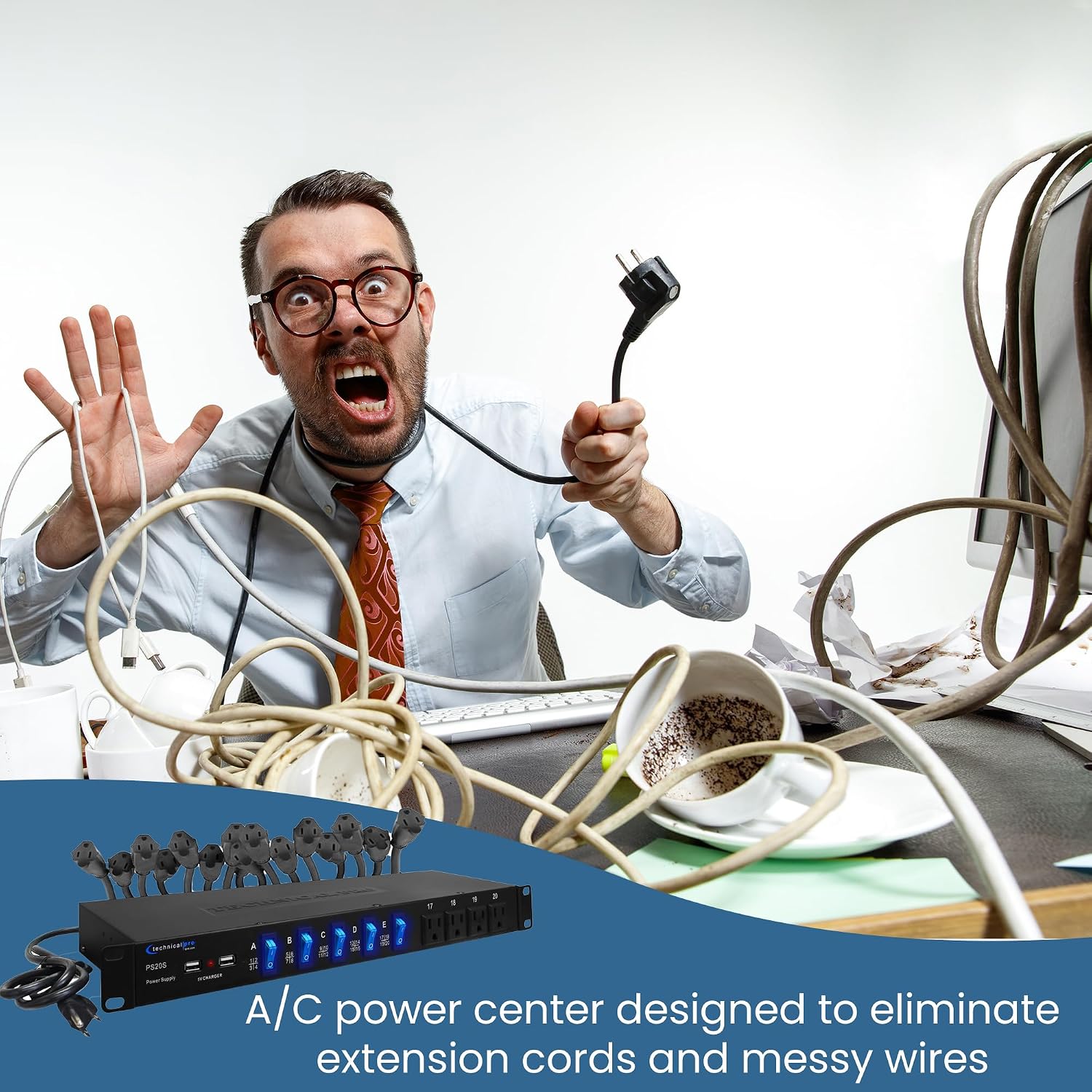 Power Strip Surge Protector, 19-Inch Rack Mount, 20 Outlets – 16 Rear 120V 3-Prong Sockets, 4 Front AC Outlets, 3 USB Ports, 5V Charging, Ideal for Home, Office & Server Rack by Technical Pro