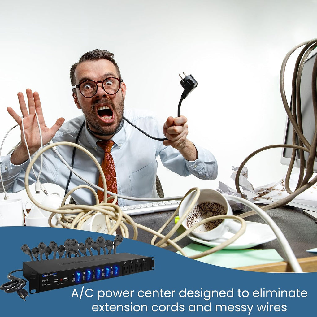 Power Supply Strip Unit Surge Protector - 19' Rack Mount 20 Outlet Including 16 Rear Panel 120V 3-Prong Plug sockets, 4 Front Panel AC Outlets, 3X 5V USB Charging Ports by Technical Pro