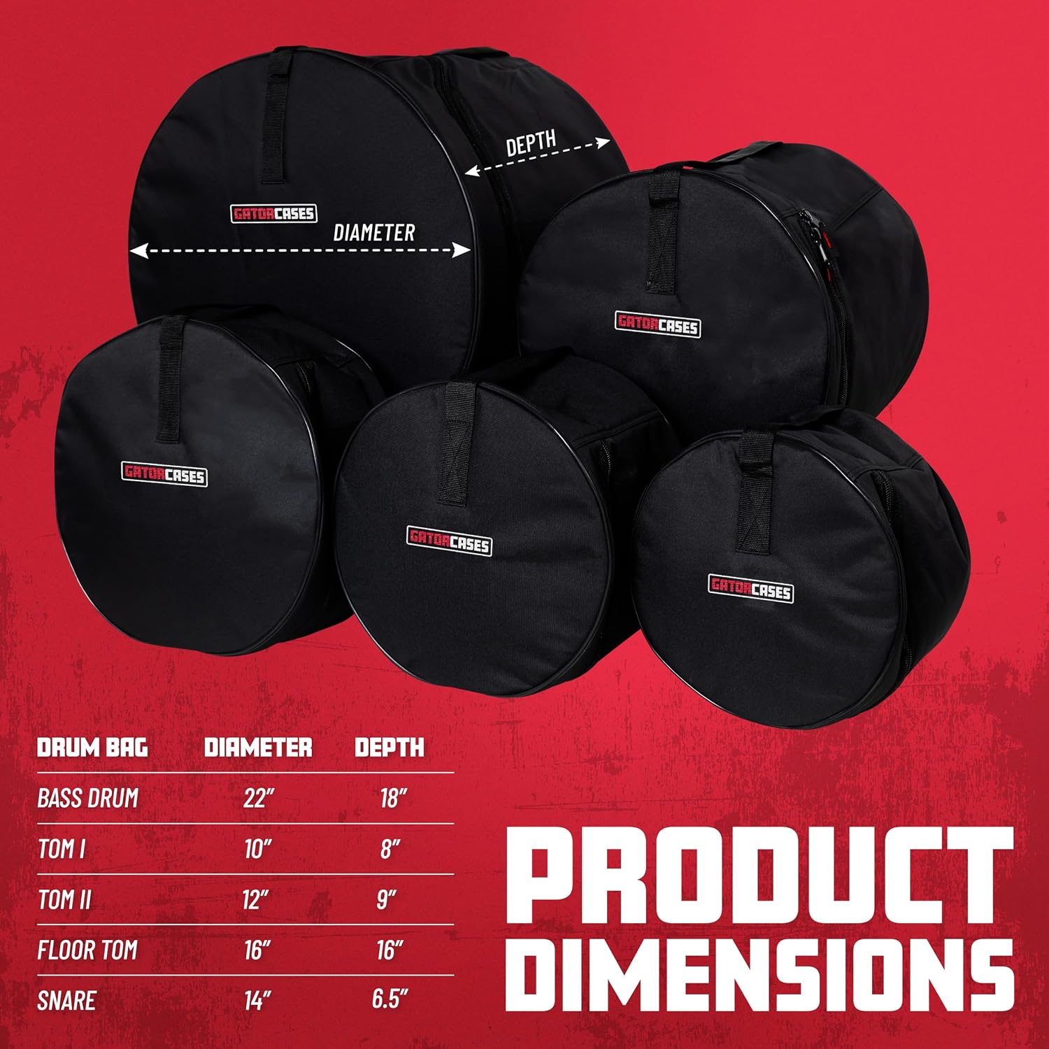 Gator Cases Rock Drum Set Bags: 22'x18', 10'x8', 12'x9', 16'x16', 6.5'x14'; (GP-ROCK-100)