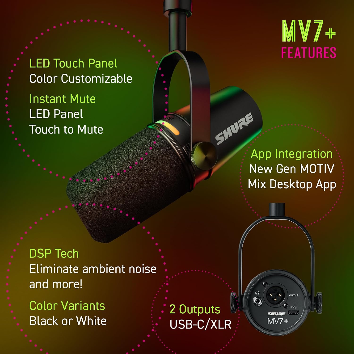 Shure MV7+ Dynamic Microphone – USB-C & XLR Podcast Mic for Streaming, Recording & Broadcasting, OBS Certified, Auto Level Mode, Digital Pop Filter, LED Panel, Black