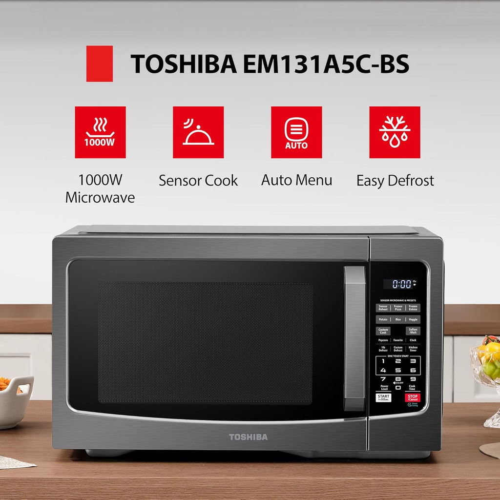 TOSHIBA EM131A5C-BS Countertop Microwave Ovens 1.2 Cu Ft, 12.4' Removable Turntable Smart Humidity Sensor 12 Auto Menus Mute Function ECO Mode Easy Clean Interior Black Color 1000W