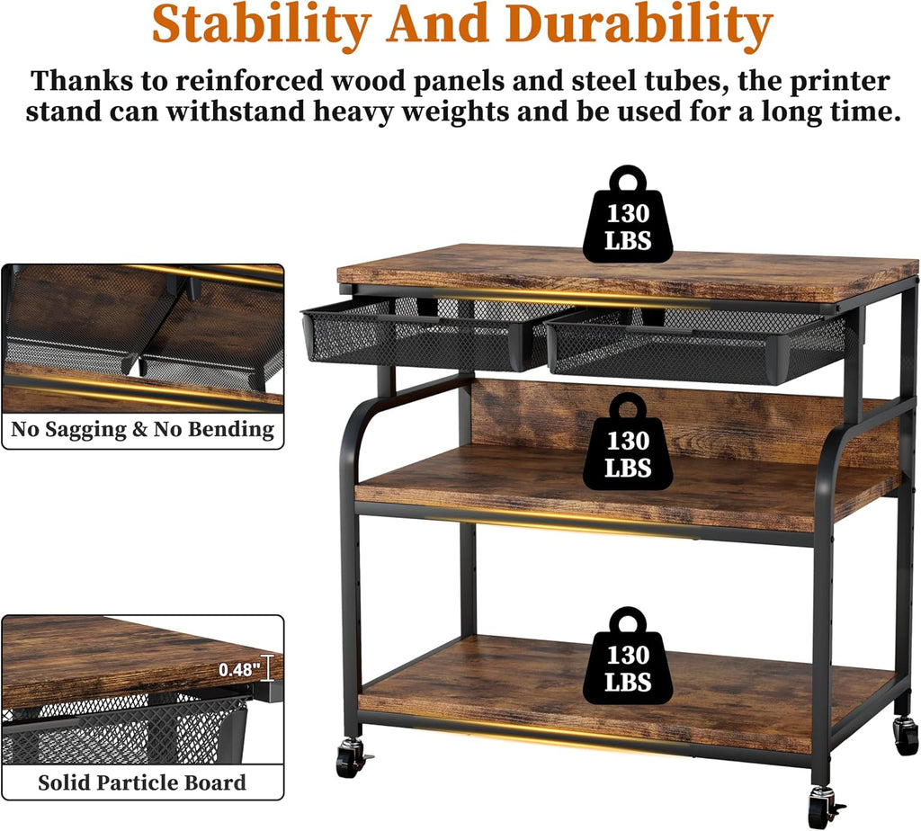 EasyCom 32.3'x18.9' Extra Large Printer Stand with Double Drawers, 5-Adjustable Heights 3 Tier Table with Wheels, Rolling Printer Cart with Storage for Printer Scanner Fax Home Office Use