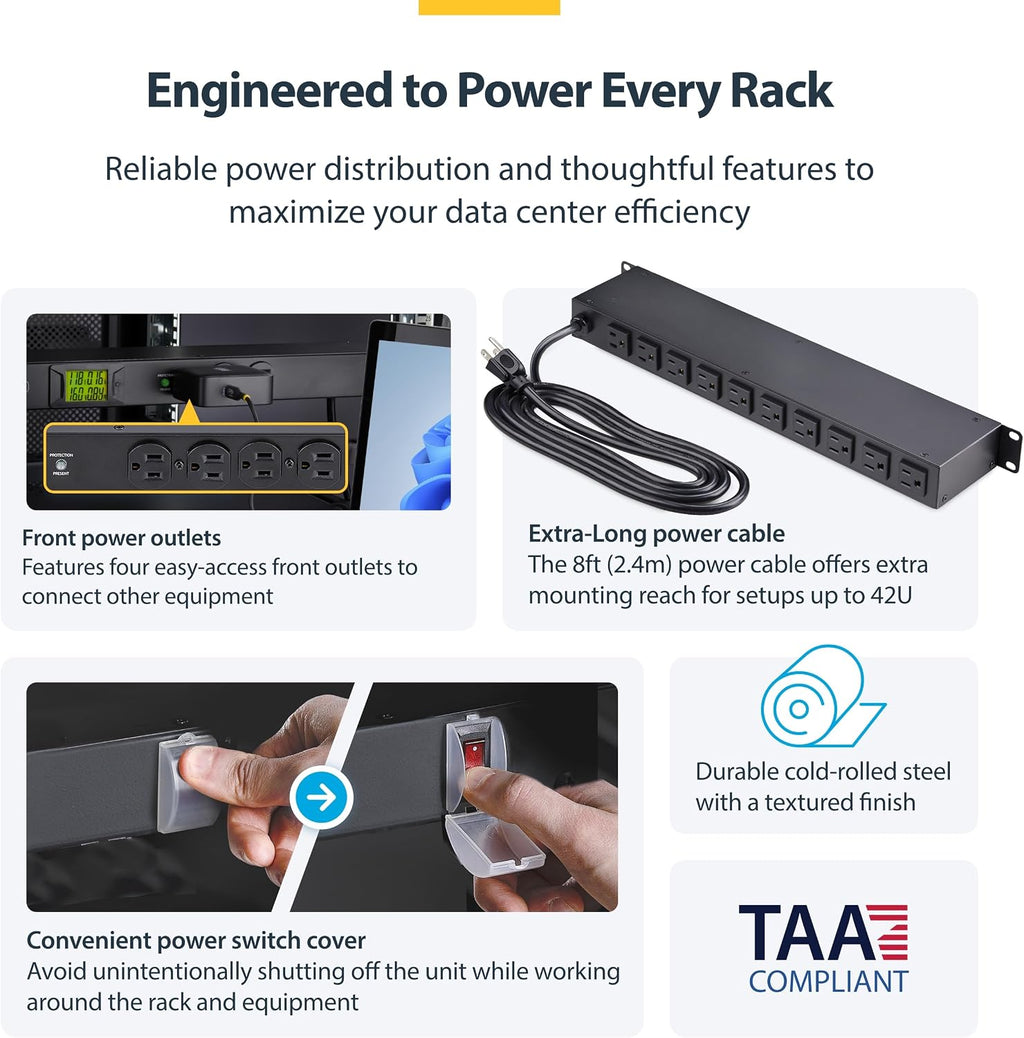 StarTech.com 16-Outlet Horizontal Rack Mount Metered PDU, 1U Server Power Strip w/Surge Protector, 8ft/2.4m Power Cable, TAA