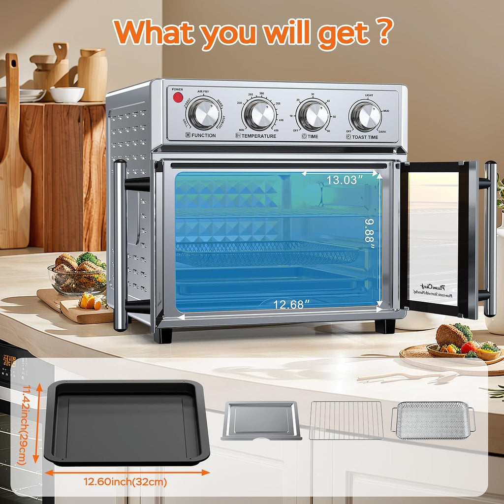 PlumChef 27.5QT Large Capacity Air Fryer Toaster Oven, French Double Door Convection Oven 1700W,7-in-1 Multifunctional with 7 Presets for Bake Roast Grill Toast Dehydrate Defrost, Stainless Steel