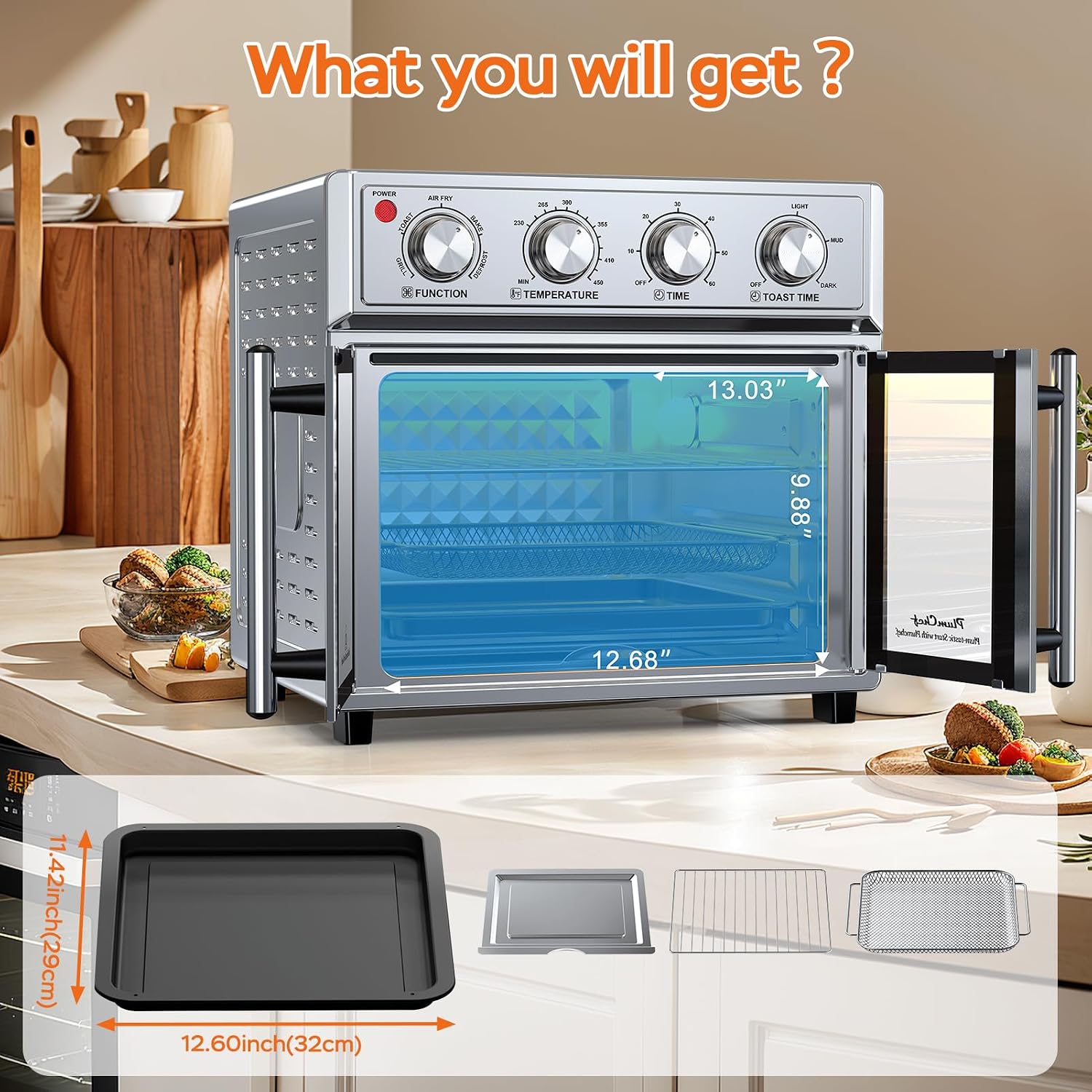 PlumChef 27.5QT Large Capacity Air Fryer Toaster Oven, French Double Door Convection Oven 1700W,7-in-1 Multifunctional with 7 Presets for Bake Roast Grill Toast Dehydrate Defrost, Stainless Steel