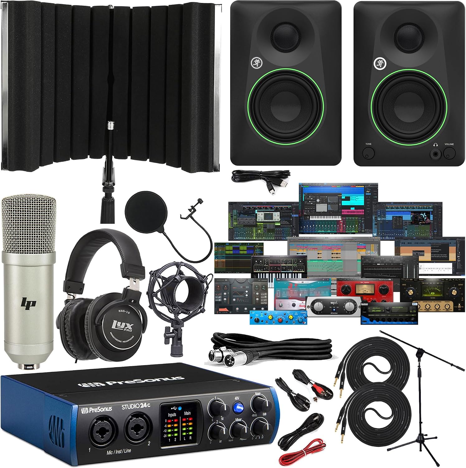 PreSonus Studio 24c Recording Studio Bundle with Mackie CR4-X Monitors, Condenser Microphone, Isolation Shield, Headphones, XLR Cables & Complete Music Production Software Suite