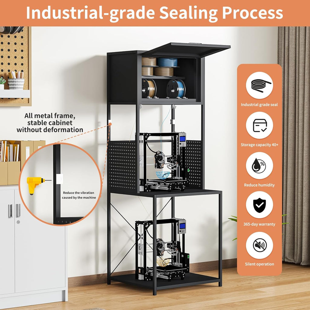 3D Printer Filament Storage Stand Rack with Dehumidifier| 3-Tier All-in-One Organizer with Tool Mounts, Dual Spool Holders | Compatible with Most 3D Printers (100LBlack)