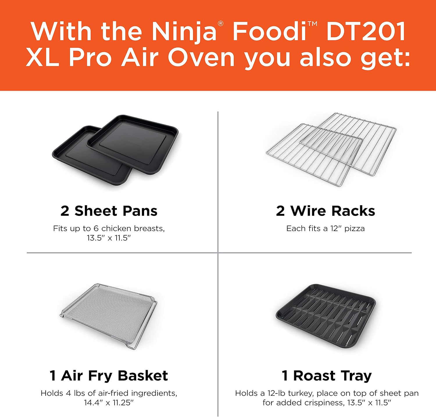 Ninja Air Fryer & Toaster Oven Combo | 10-in-1 Foodi XL Pro Air Fry Countertop Oven | Fit a 5-lb Chicken & Sheet Pan of Vegetables | Bake, Dehydrate, Toast & More |1800 Watts | Stainless Steel | DT201