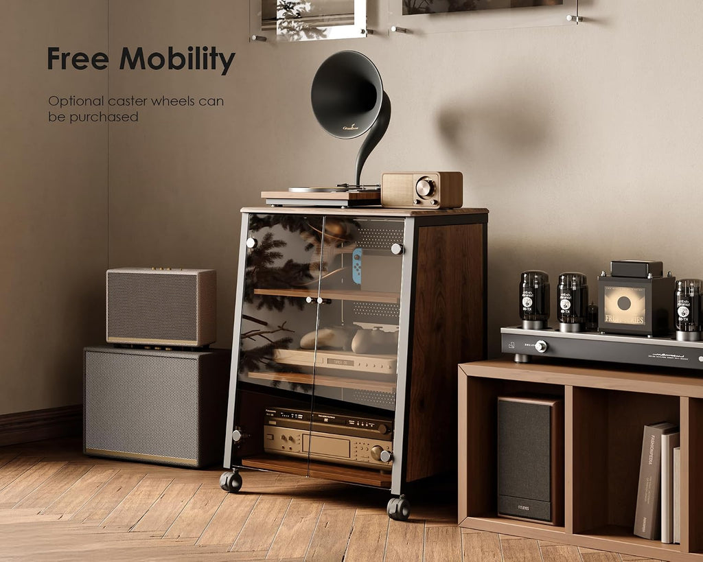 FITUEYES Design 4-Tier Media Stand with Brown Glass Doors Audio Rack with Adjustable Shelves Stereo Cabinet Protection Equipment for Vinyl Record Player Stereo Receivers Audio Gear, Eiffel Series