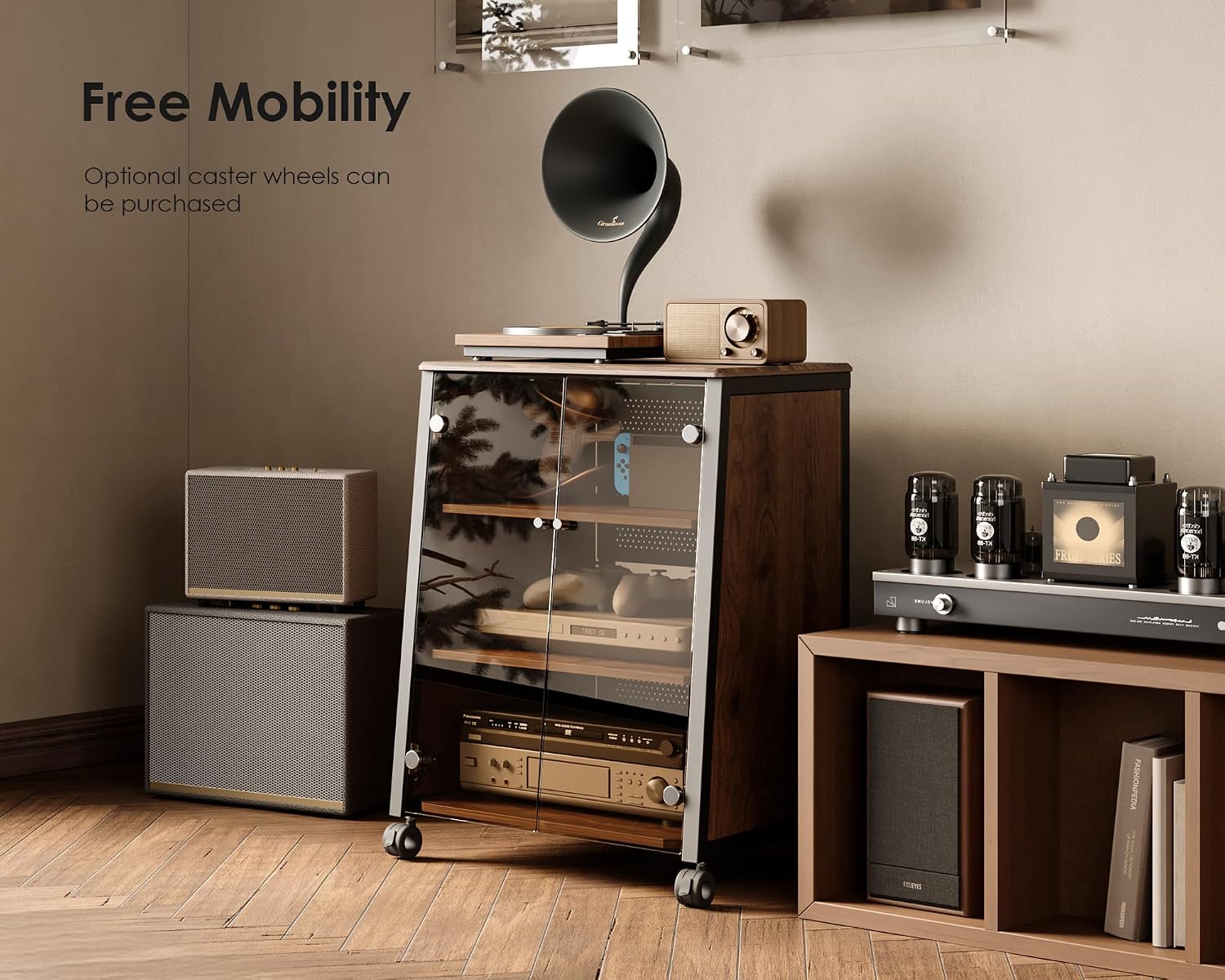 FITUEYES Design 4-Tier Media Stand with Brown Glass Doors Audio Rack with Adjustable Shelves Stereo Cabinet Protection Equipment for Vinyl Record Player Stereo Receivers Audio Gear, Eiffel Series