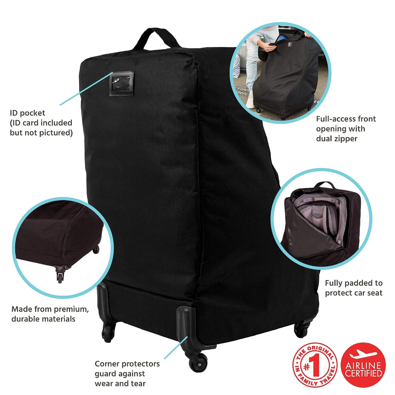 J.L. Childress Spinner Wheelie Padded Car Seat Bag- Travel Bag for Airplane, Fits Most Baby & Infant Car Seats, Boosters, & Carriers, Airport Accessories for Gate Check or Baggage Check- Deluxe, Black